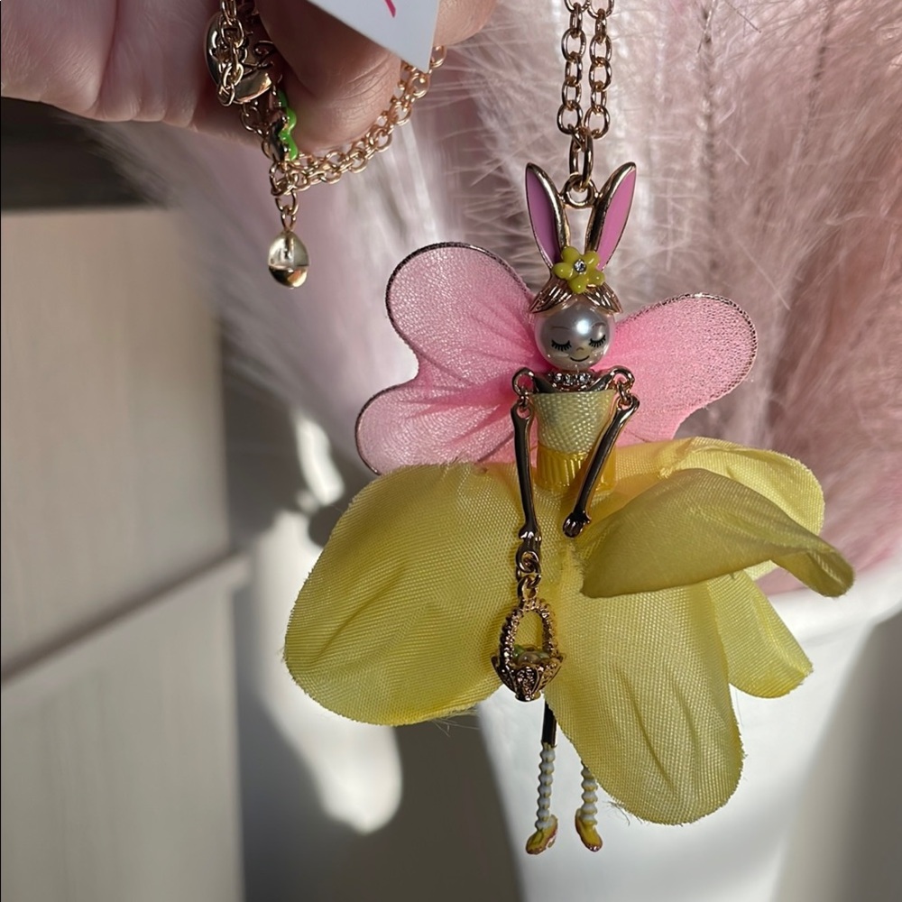 Charming bunny Betsey Johnson Pink and Yellow Fairy Pendant Necklace
